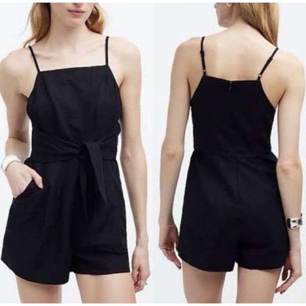 NEW Madewell Sz 0 / XS Romper Ottoline Linen Cotton Black Waist Tie Shorts